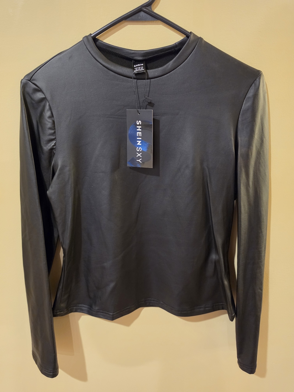 SHEIN Faux Leather Long Sleeve Top in Black
